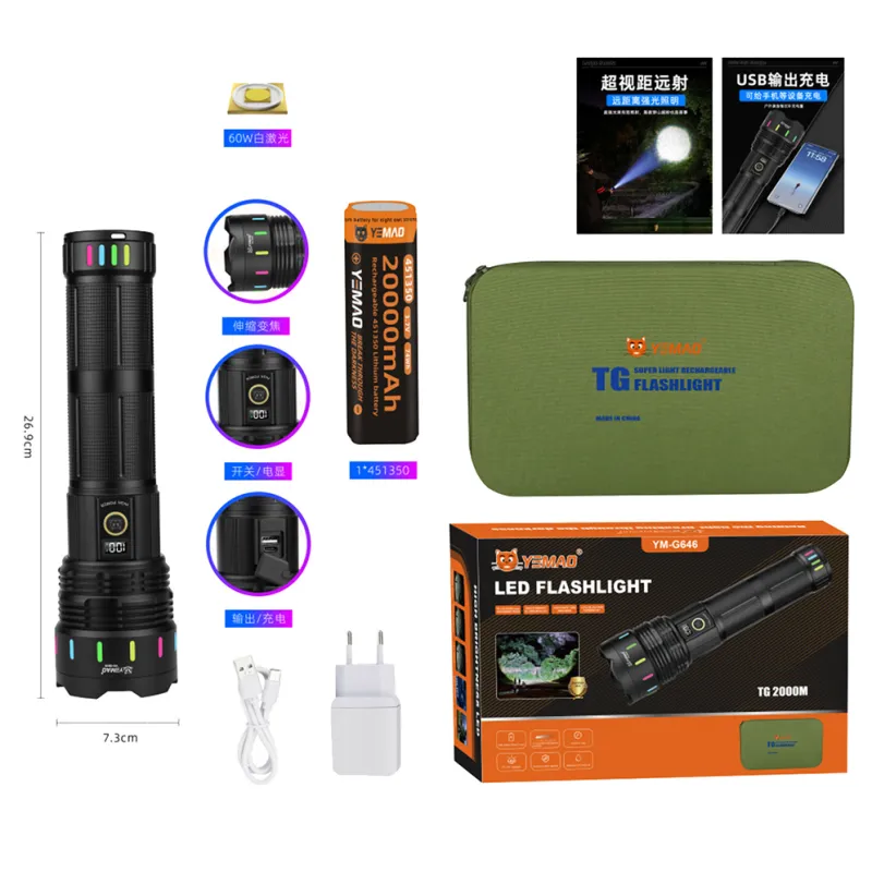 Ручной фонарь YEMAO YM-G646, 4000LM, 60W LED, 1*451350 аккум, TYPE-C
