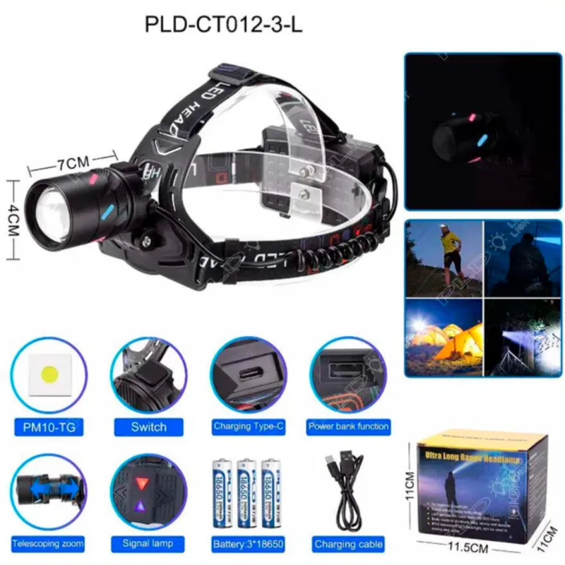 Налобний ліхтар Bailong CT012-3L-TG, 3x18650, 1 режим, power bank, ЗП Type-C, zoom