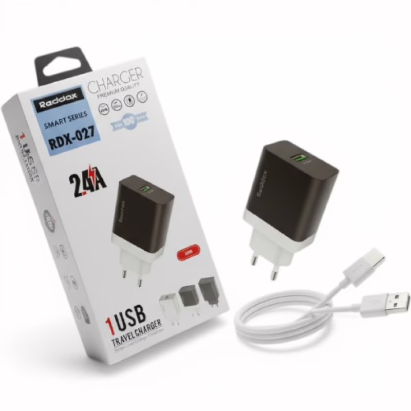 Мережевий зарядний пристрій REDDAX RDX-027 (12W, 2.4 A, USB) + кабель MicroUSB, White/Gray