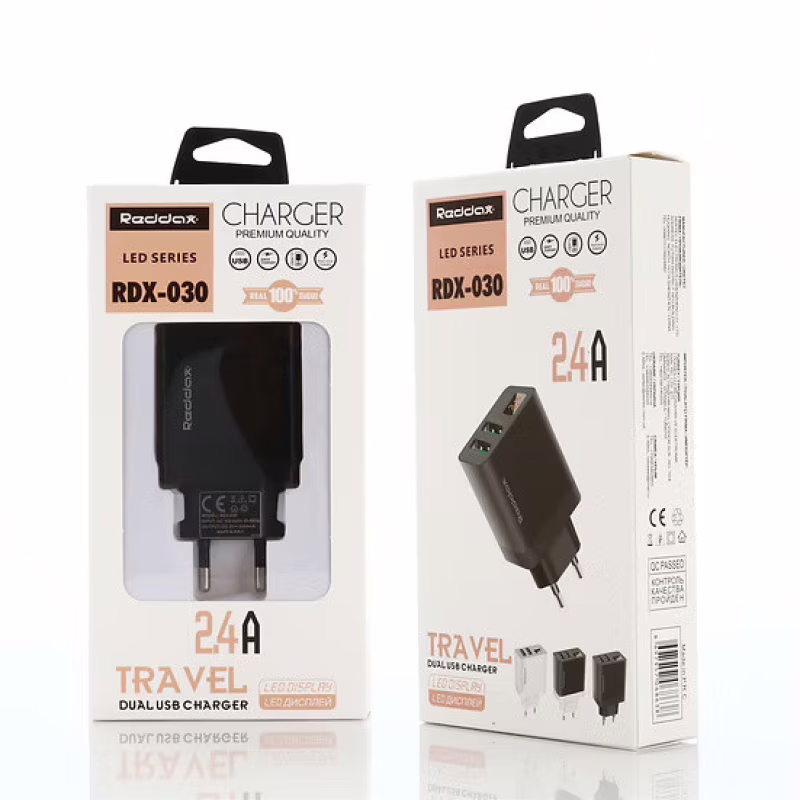 Мережевий зарядний пристрій REDDAX RDX-030 Dual USB (12 W, 2.4 A, 2 порти), Black