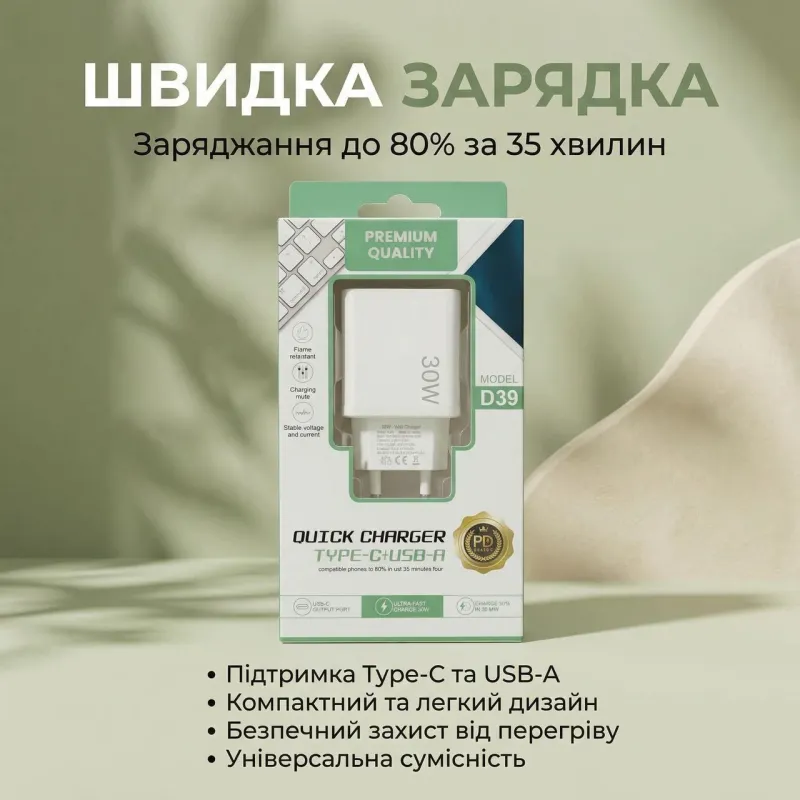 Мережевий зарядний пристрій D39 2.4 A 30 W QC 3.0 USB Fast Charger 3.0 + USB 2.4 A + PD 2.1 A White