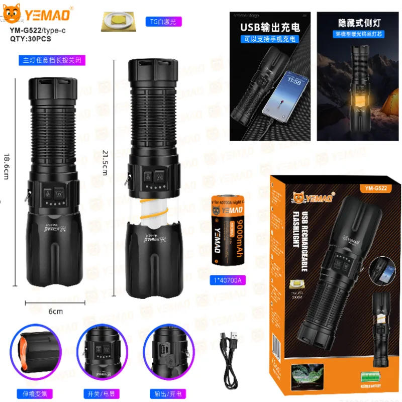 Ручной фонарь YEMAO YM-G522 TG 30W, 1x40700, ЗУ Type-C, zoom