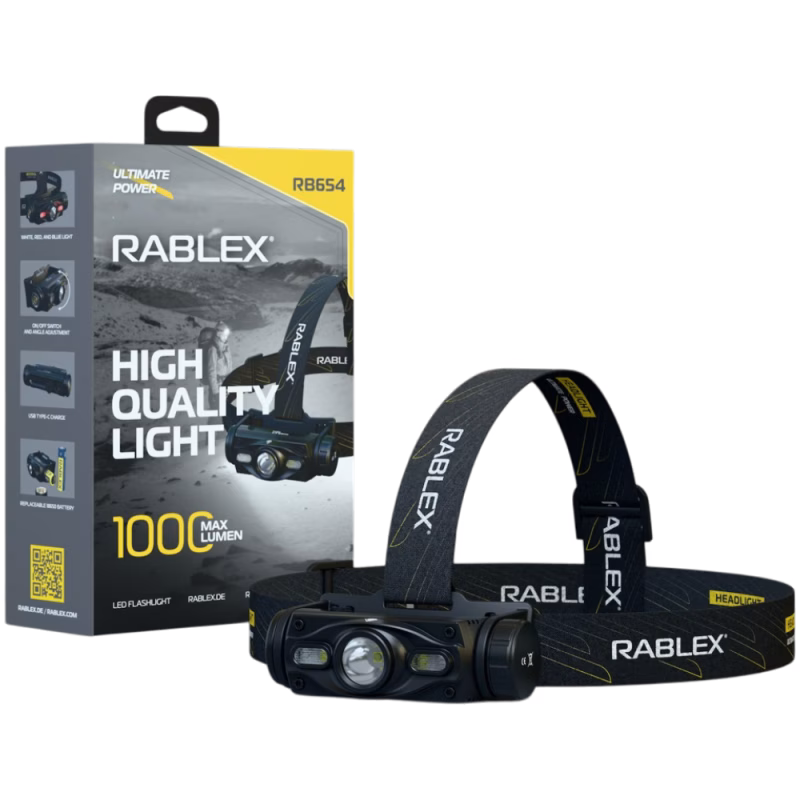Налобний ліхтар Rablex RB654, білий + червоний, 1000 lumen, акум, Type-C