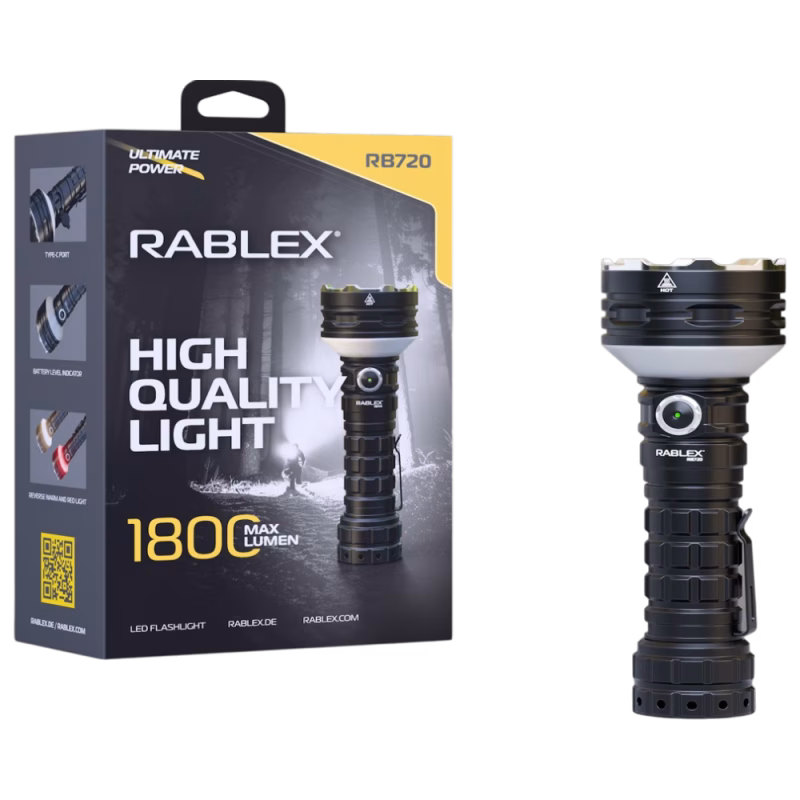 Ручной фонарь Rablex RB720, Белый+Красный, 1800 Lumen,  ЗУ Type-C,