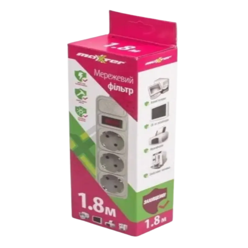 Сетевой фильтр Maxxter SPM3-G-6G 3гнезда, 1.8 метра