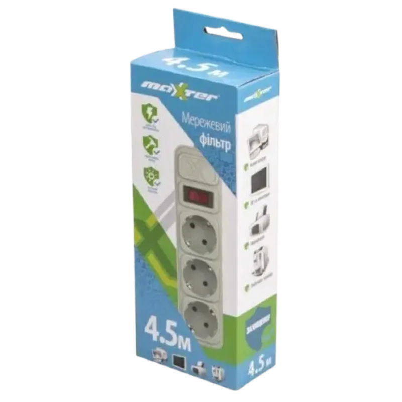 Сетевой фильтр Maxxter SPM3-G-15G 3 гнезда, 4.5 метра