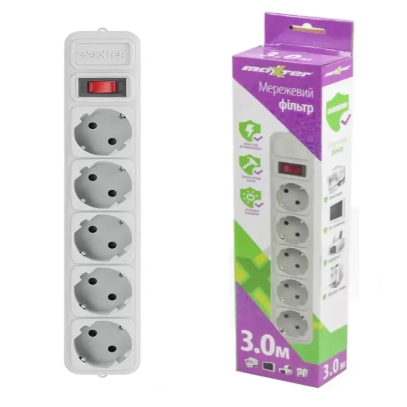 Сетевой фильтр Maxxter SPM5-G-10G 5 гнёзд, 3 метра