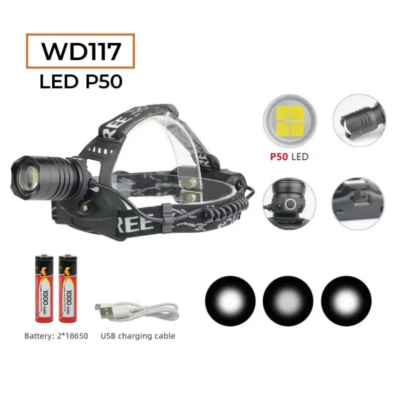 Налобный фонарь RB117, 2х18650 Акк., P50 LED, Zoom/