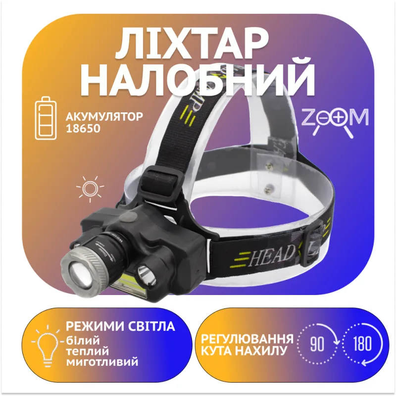 Налобный фонарь RB129, TD-812-T6, 1х18650 Акк., T6+2хXPE+COB, Zoom, MicroUSB ЗУ
