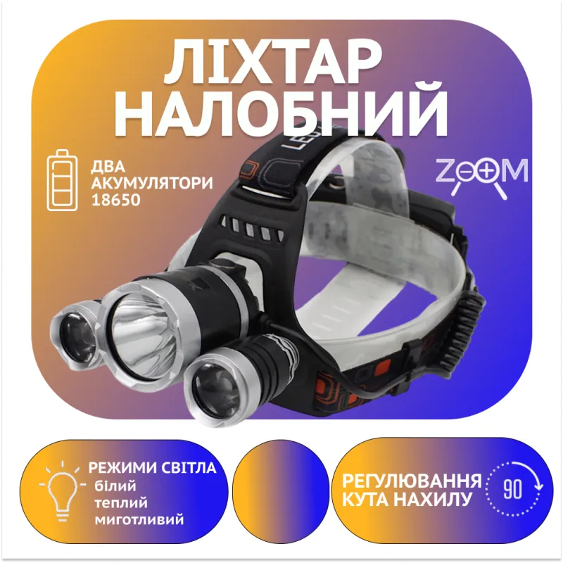 Налобный фонарь BORUIT RJ3000, Акк., T6 LED, автомобильная зарядка