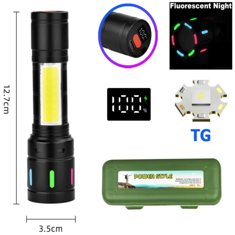 Ручной фонарь BL-627-TG+COB, Li-Ion аккумулятор, индикация заряда, ЗУ Type-C, zoom