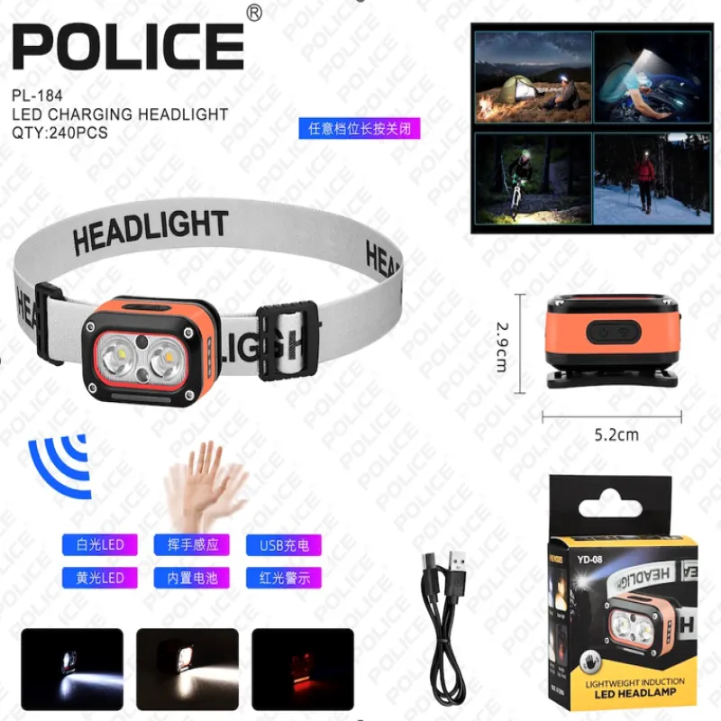 Налобный фонарь PL-184, YD-08, холодный, теплый, красный свет, ЗУ Type-C, сенсор