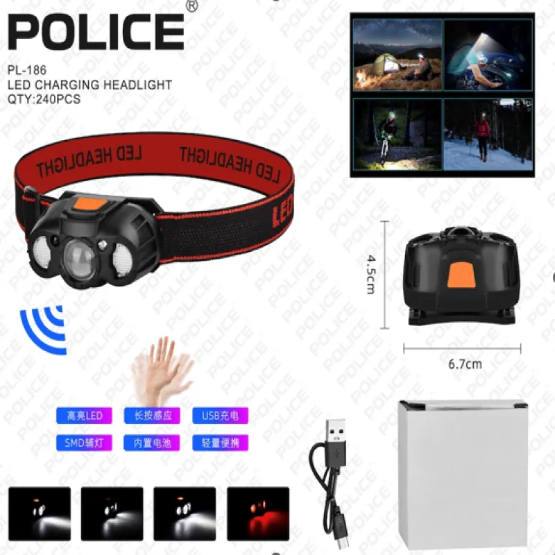 Налобный фонарь PL-186, холодный, красный свет, ЗУ Type-C, сенсор
