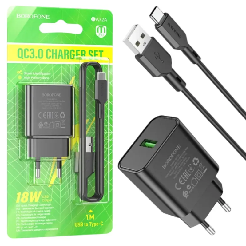 СЗУ Сетевое Зарядное Устройство BOROFONE BA72A Spring (QC3.0 18W) + Type-C