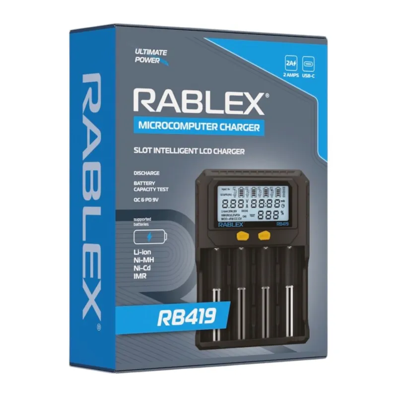 Зарядное устройство Rablex RB419 - 4 слота, 2A, LCD-дисплей, тест ёмкости, поддержка QC/PD, для Li-i