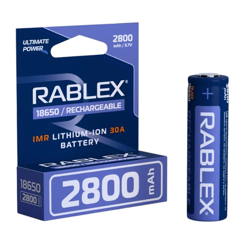 Аккумулятор Rablex 18650, 2800mAh, IMR, Li-ION, 30A, 3.7V, ВЫСОКОТОКОВЫЙ