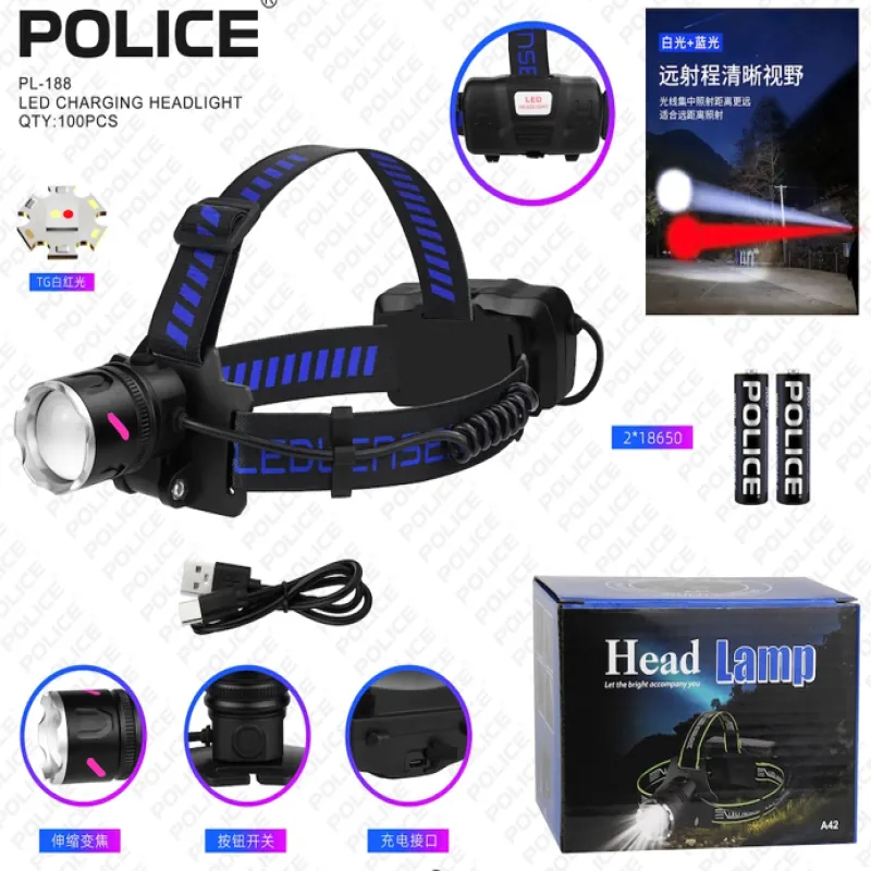 Налобный фонарь Bailong PL-188, Red+White, 2x18650, Type-C, TG LED, Zoom