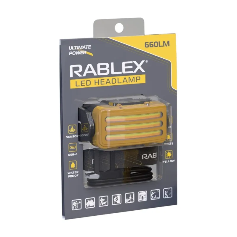 Налобный фонарь Rablex RB978, жёлтый+белый+красный, 3хT6+4хCOB, Sensor, аккум, Type-C