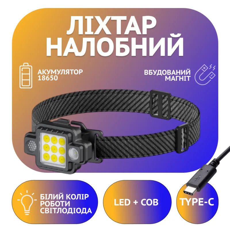 Налобный фонарь RB132, TM-G21, LED+COB, белый, красный, синий, Type C, магнит, подвес, подставка