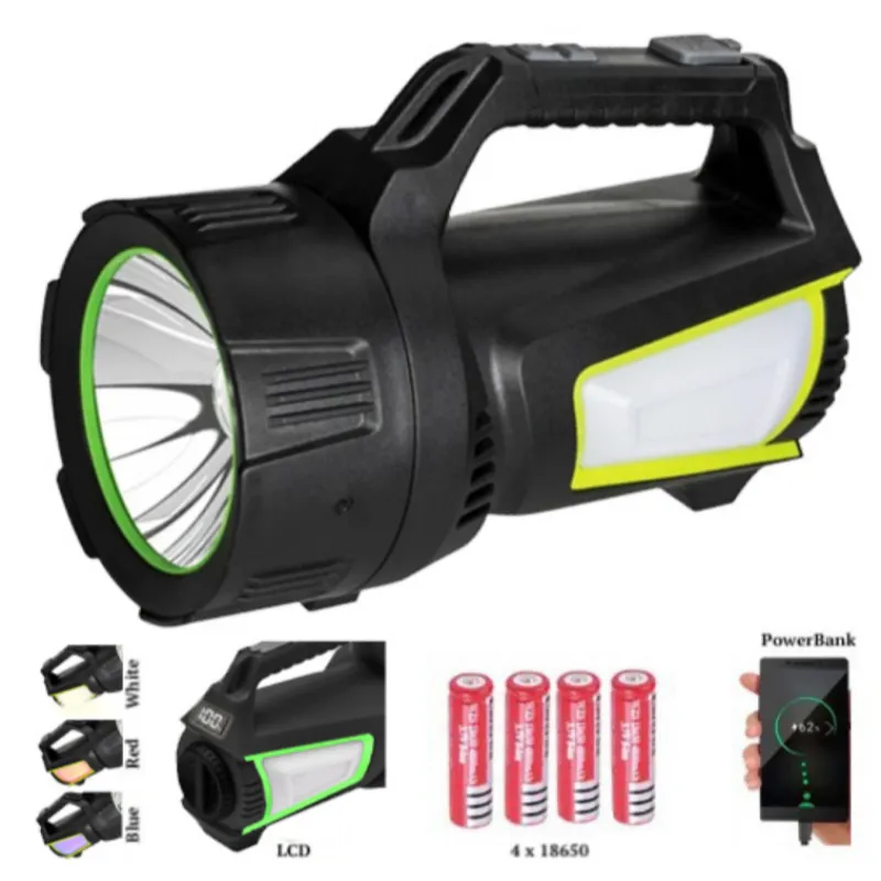 Ручной фонарь T100A-10W+2COB, Белый, Красный, Синий, power bank, 4x18650, ЗУ Type-C