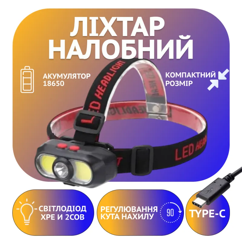 Налобный фонарь KX-302-LED, 2COB, PL168, 1x18650, ЗУ Type-C