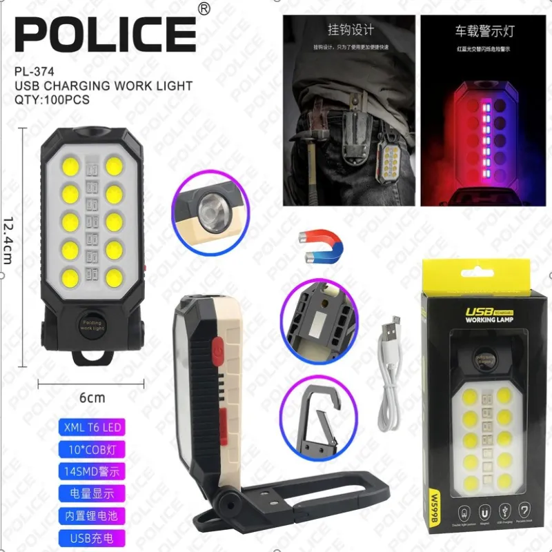 Фонарь для кемпинга PL374, аккумулятор, type-c, магнит, карабин, красно-синий мигающий