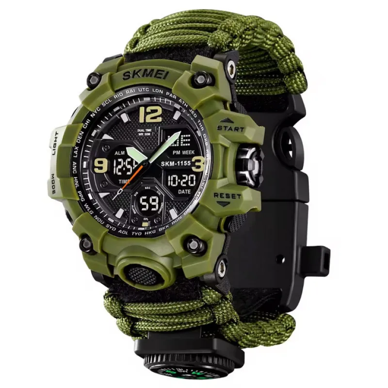 Часы наручные SKMEI 1155BAG, PARACORD, ARMY GREEN, Compass, термометр, свисток, кресало, 10461