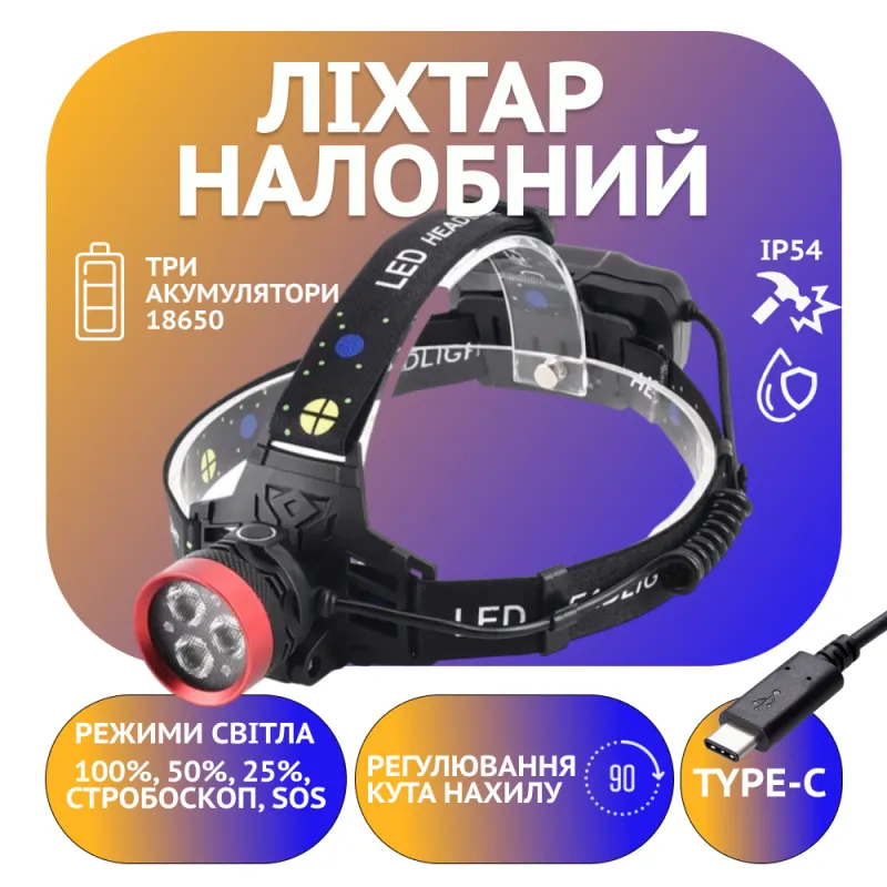 Налобный фонарь Police PL-175, 3х18650 аккум, 3хXTE LED, Type-C