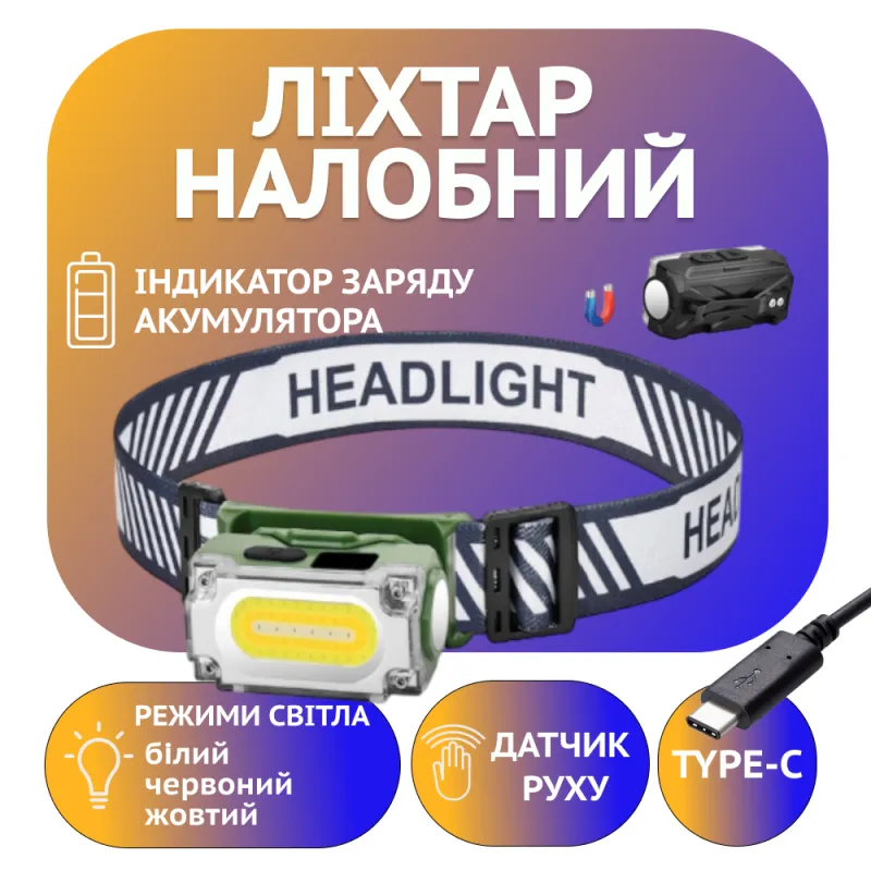 Налобный фонарь Police PL-113, белый+красный+жёлтый, магнит, аккум, Type-C