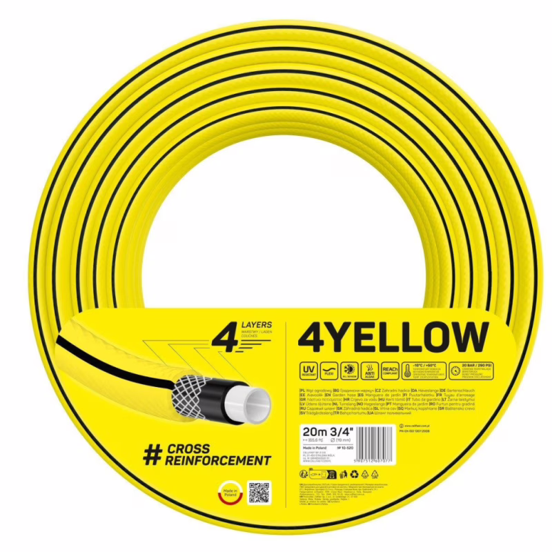 Шланг для поливу Cellfast 4YELLOW 3/4" 20м, 4 шари, до 20 Бар, -10…+50°C (10-520)