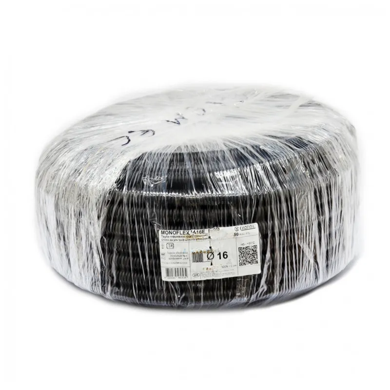 Труба гофрована з протяжкою D16/10.7 мм, PVC, УФ стійка, чорна, бухта 50м Kopos (1416ED_F50D)