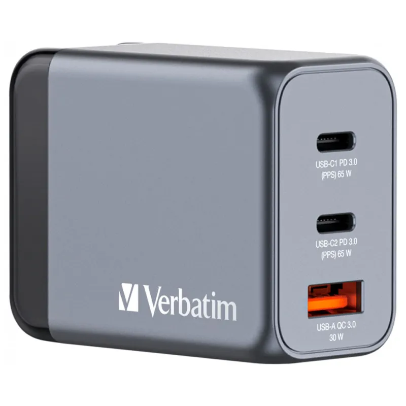 Зарядний пристрій Verbatim GaN 65 W 3 ports (2xUSB-C-65 W /USB-A -3.0) (32201)