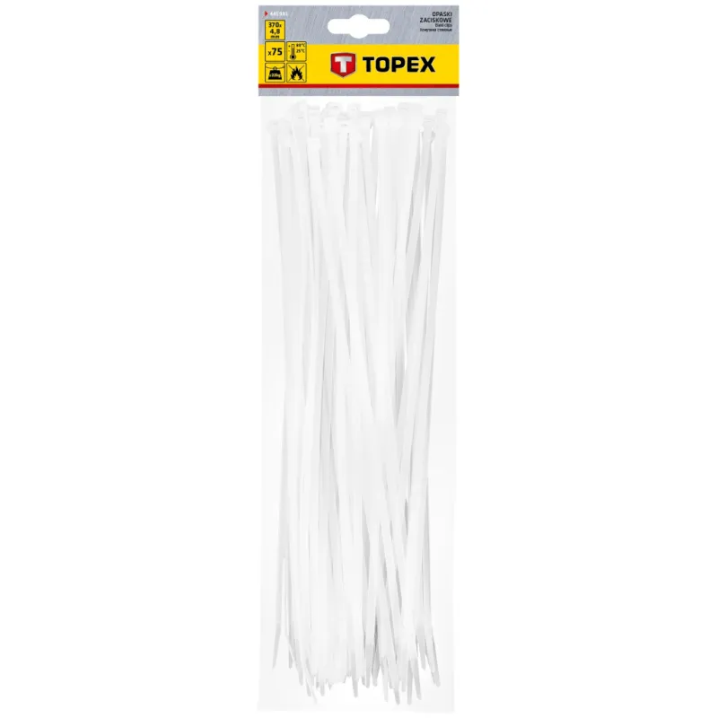 Стяжка Topex біла, 4.8х370 мм, пластик, 75 шт. (44E981)