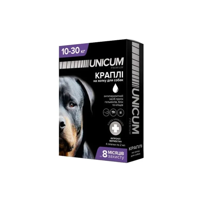 Краплі для тварин Unicum COMPLEX від бліх, кліщів та гельмінтів на холку для собак 10-30 кг/4 шт (4820150202521)