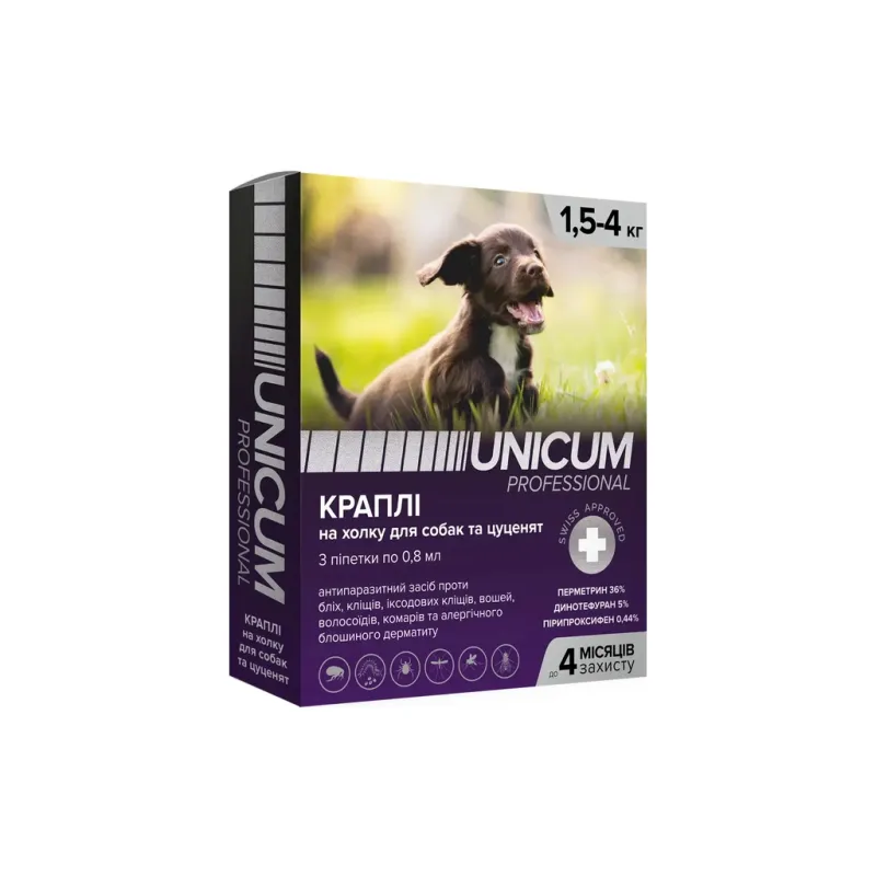 Краплі для тварин Unicum Pro від бліх, вошей, волосоїдів, комарів, москітів, іксодових кліщів для собак 1.5-4 кг/3 шт (4820150206512)