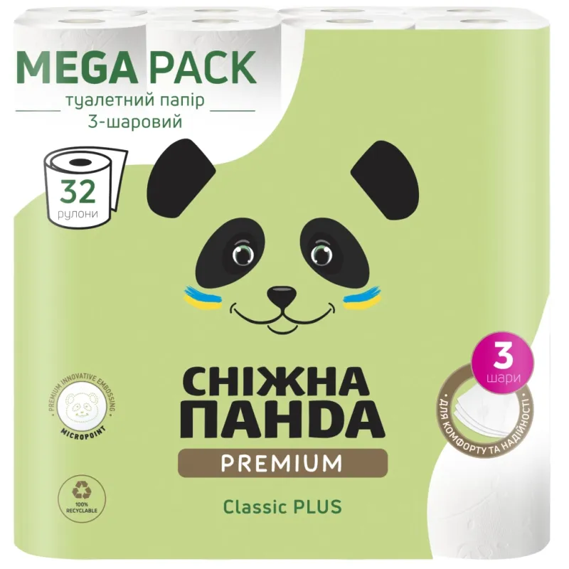 Туалетний папір Сніжна Панда Premium Classic Plus 3 шари 32 рулони (4820183972866)