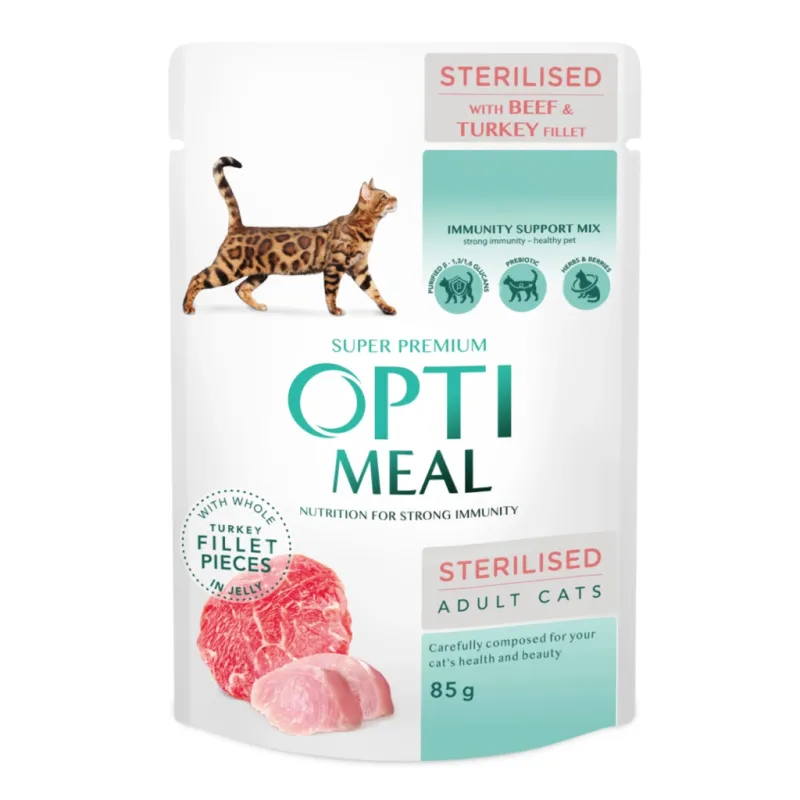 Вологий корм для кішок Optimeal для стерилізованих/кастрованих з яловичиною та індичим філе в желе 85 г (4820215365901)
