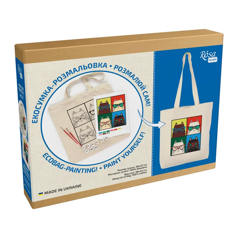 Набір для творчості Rosa Talent екосумка-розмальовка, Коти в окулярах, 38х42 см (4823098541189)