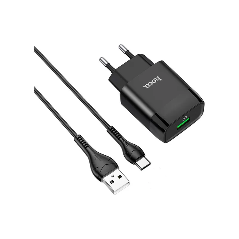 Зарядний пристрій HOCO C72Q Glorious USB QC3.0 + cable USB to USB-C 18W Black (6931474732545)