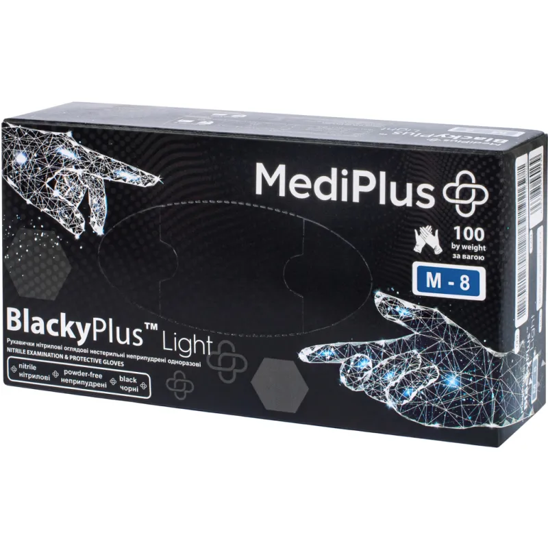 Медичні рукавички MediPlus BlackyPlus Light Нітрилові оглядові нестерильні неприпудрені Чорні Розмір M 100 шт. (6970245754508)