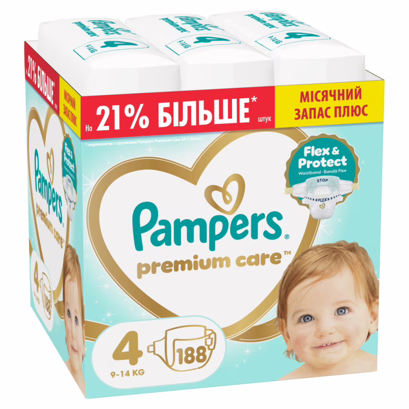 Подгузники Pampers Premium Care Розмір 4 (9-14 кг) 188 шт (8006530223829)