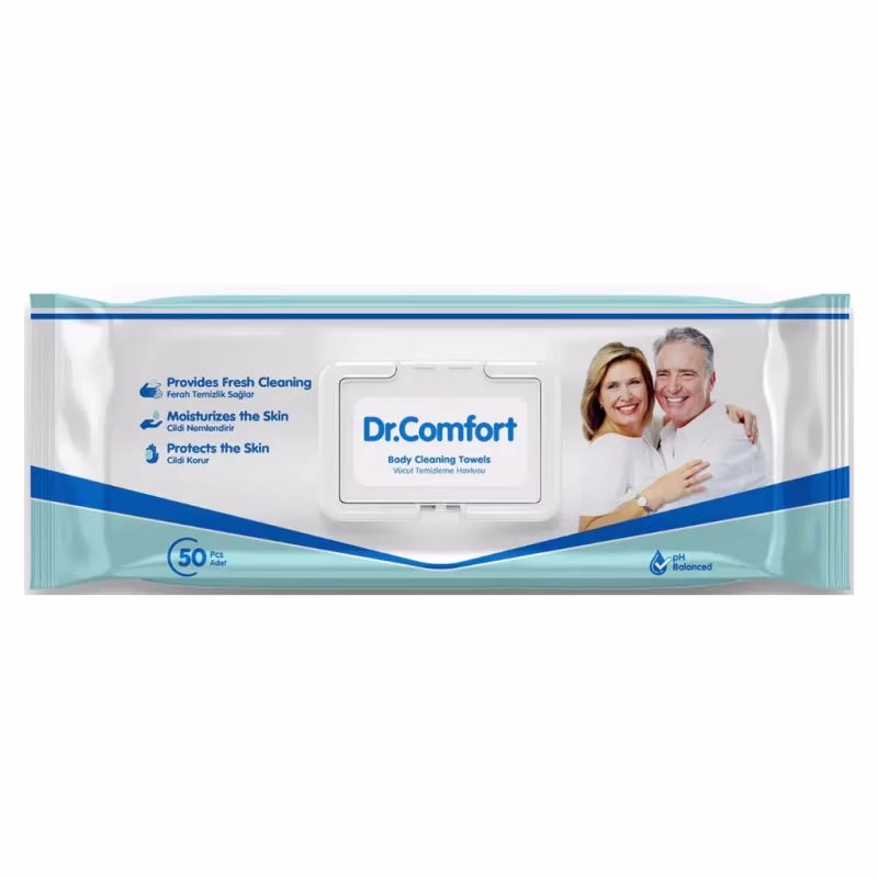 Вологі рукавички для миття всього тіла Dr.Comfort 21*24 см з клапоном 50 шт (8680131207770)