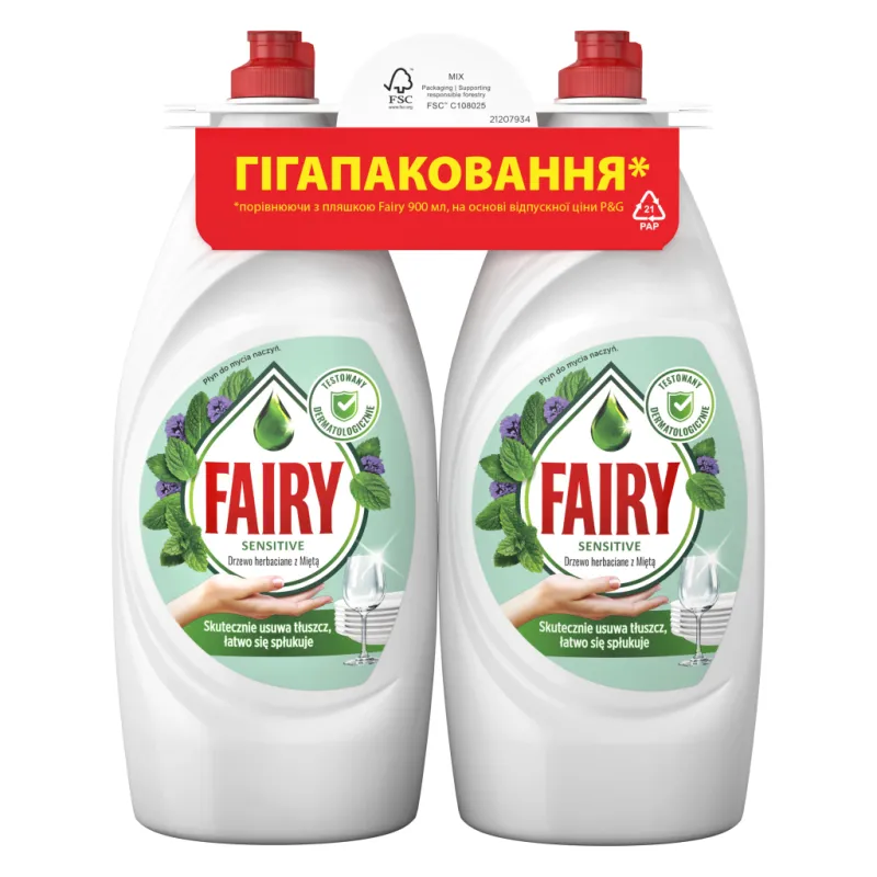 Засіб для ручного миття посуду Fairy Ніжні руки Чайне дерево і М'ята 2 х 900 мл (8700216759649/8006530210850)