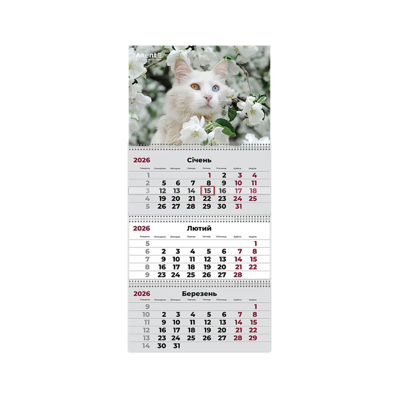 Календар Axent настінний квартальний 2026 р.,3 пружини Cats 3 (8803-26-15-A)