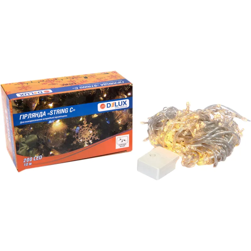 Гирлянда Delux STRING С 200 LED 10m Теплый белый/прозрачный IP20 (90017981)