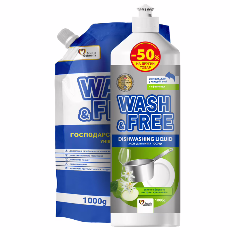 Набор бытовой химии Wash&Free Средство для мытья посуды Зеленое яблоко и эдельвейс 1000 г + Хозяйственное жидкое мыло 1000 г (9200000987252)