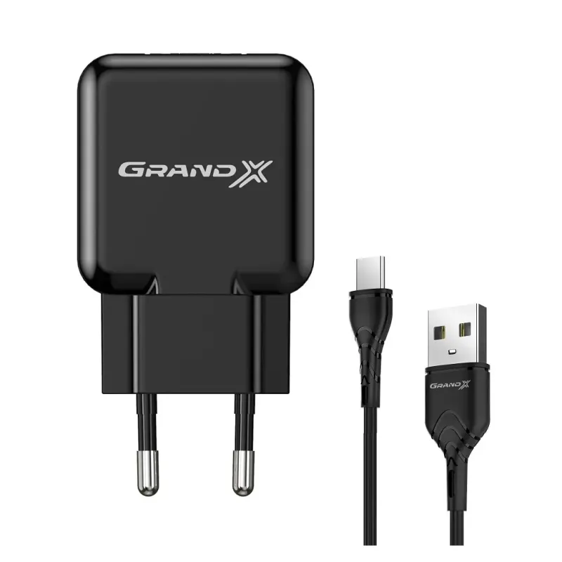 Зарядний пристрій Grand-X CH-03T USB 5V 2,1A Black + cable USB -> Type C, Cu, 4A, TPE (CH-03T)