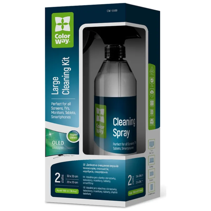 Спрей для очищення ColorWay Cleaning Kit, Large, OLED/LED/LCD/TFT, 550ml, microfibre*2 (CW-5500)