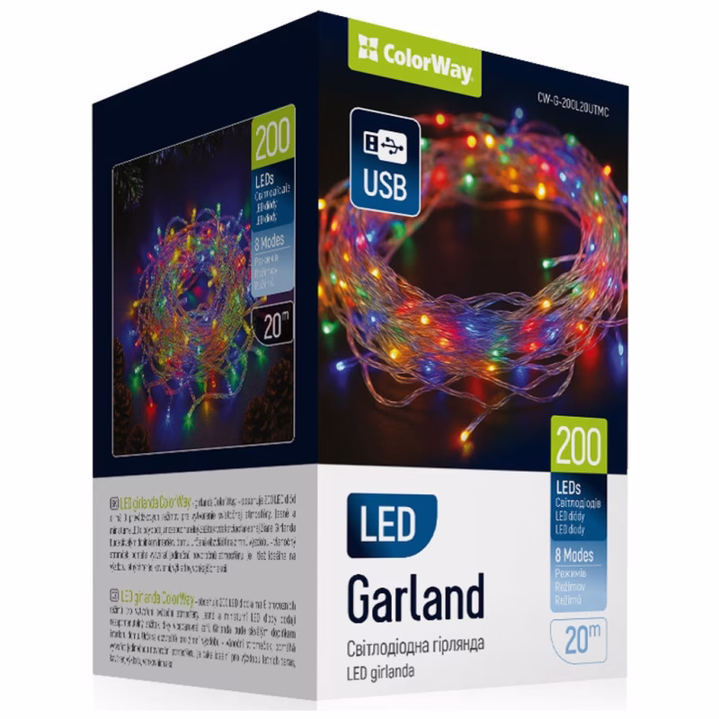Гирлянда ColorWay LED 200 20 м (8 режимів) різнокольорова (прозорий кабель) USB (CW-G-200L20UTMC)