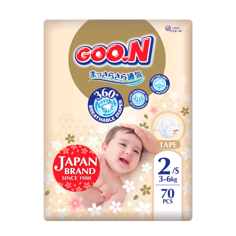 Подгузники GOO.N Premium Soft 3-6 кг Размер 2 S на липучках 70 шт (F1010101-153)